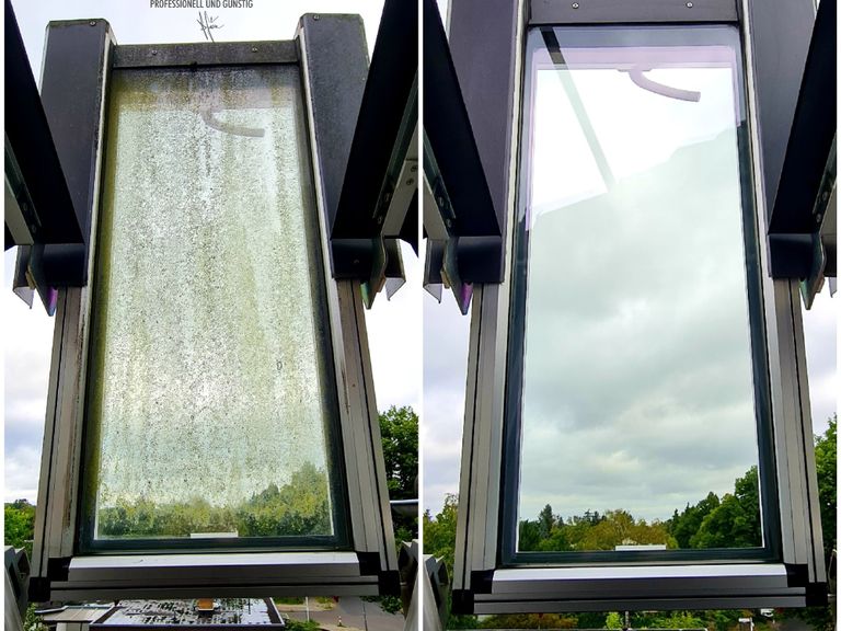 Vorher-Nachher-Bild einer professionellen Fensterreinigung, stark verschmutztes Fenster vor der Reinigung und klares Fenster nach der Reinigung