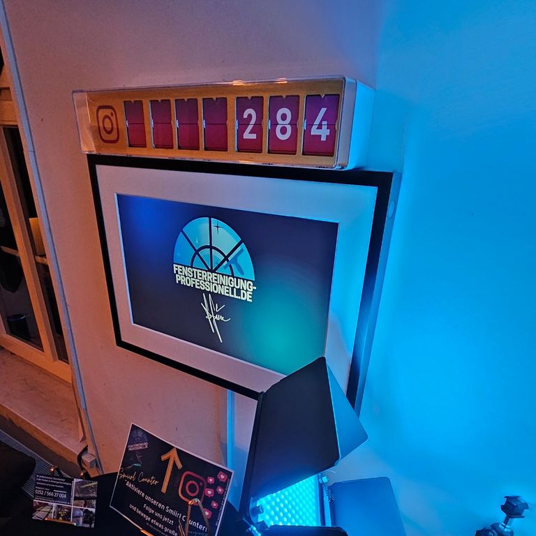 Smirrl Counter mit Instagram-Follower-Anzeige neben dem Logo von Fensterreinigung-professionell.de