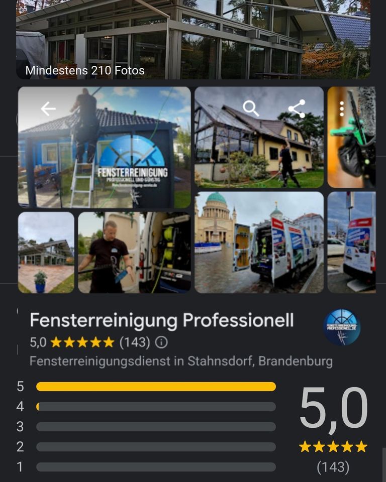 Fensterreinigung Google Bewertung 5,0 Sterne