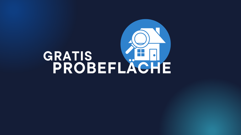 "Gratis-Probefläche für professionelle Reinigungsdienstleistungen, Logo mit Haus und Lupe"