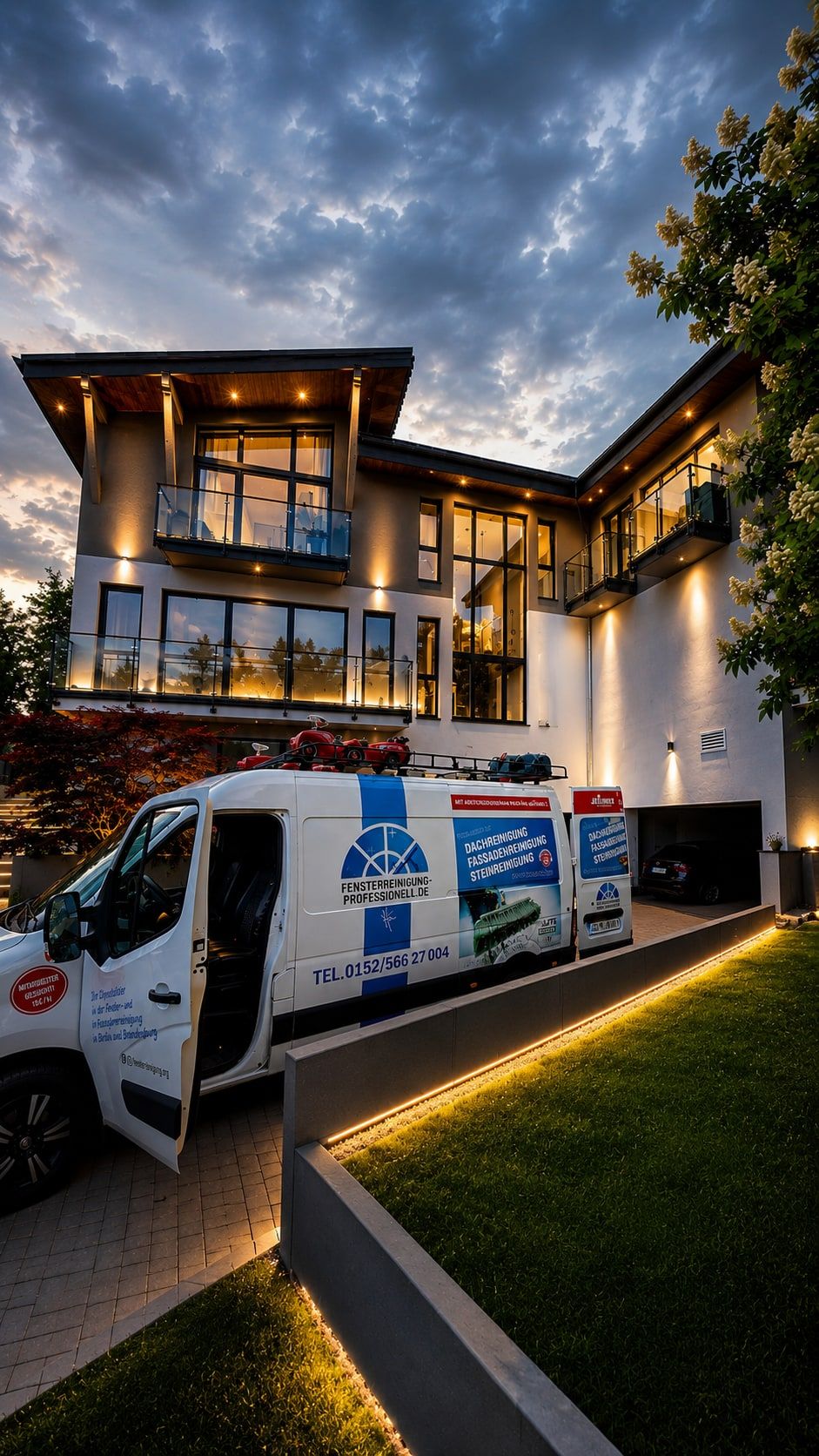 Firmenfahrzeug vor einer beleuchteten Villa in der Abenddämmerung