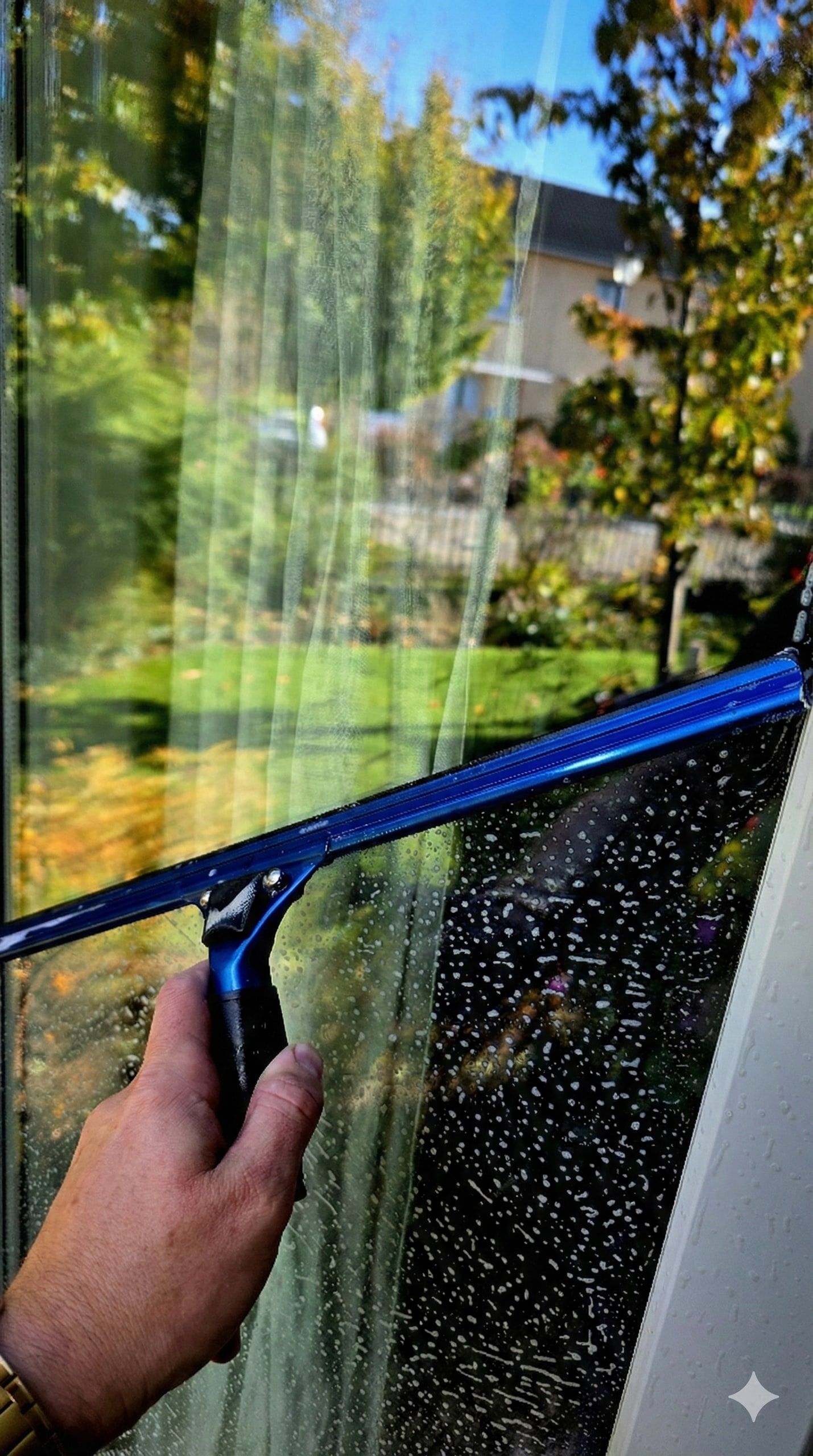 Hand führt einen Abzieher über eine Fensterscheibe mit Blick auf einen Garten