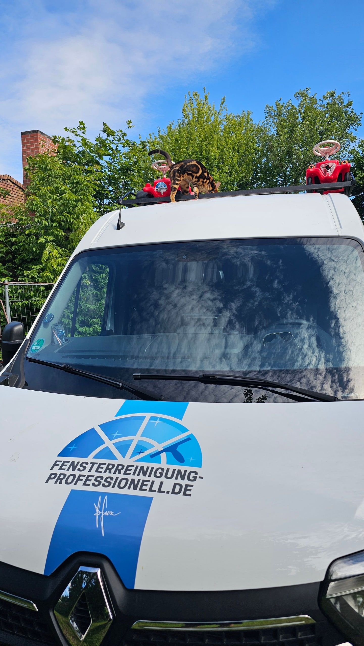 Front des Firmenfahrzeugs mit Logo unter blühenden Bäumen in Stahnsdorf