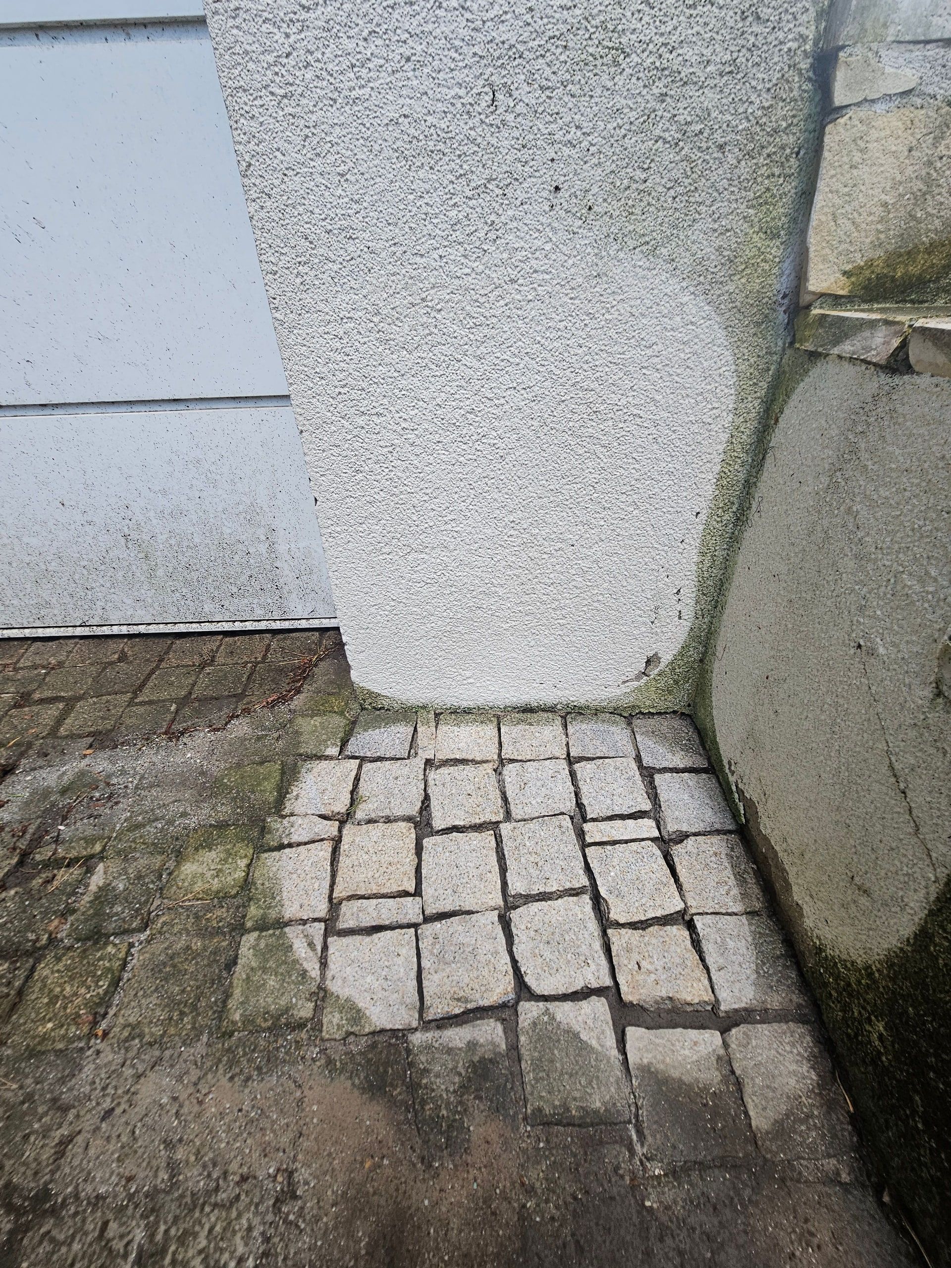 Kleinpflaster an einer Hausecke, gereinigter Bereich neben dem vermoosten