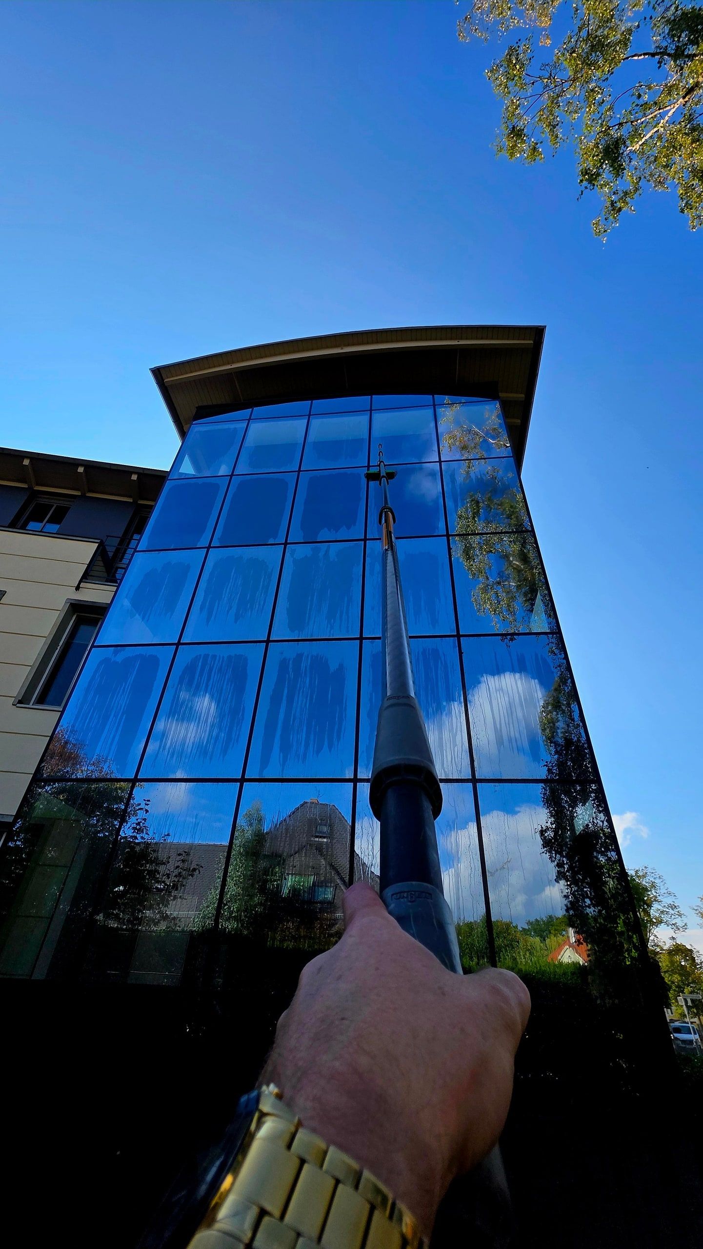 Blick von unten an einer blau verglasten Bürofassade: die Carbonstange mit Bürstenkopf reicht bis ins oberste Fensterband, die frisch gereinigten Scheiben spiegeln den blauen Himmel