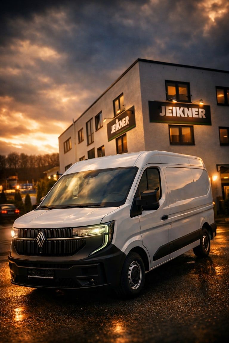 Neuer weißer Transporter vor dem Gebäude des Umbaupartners am Abend