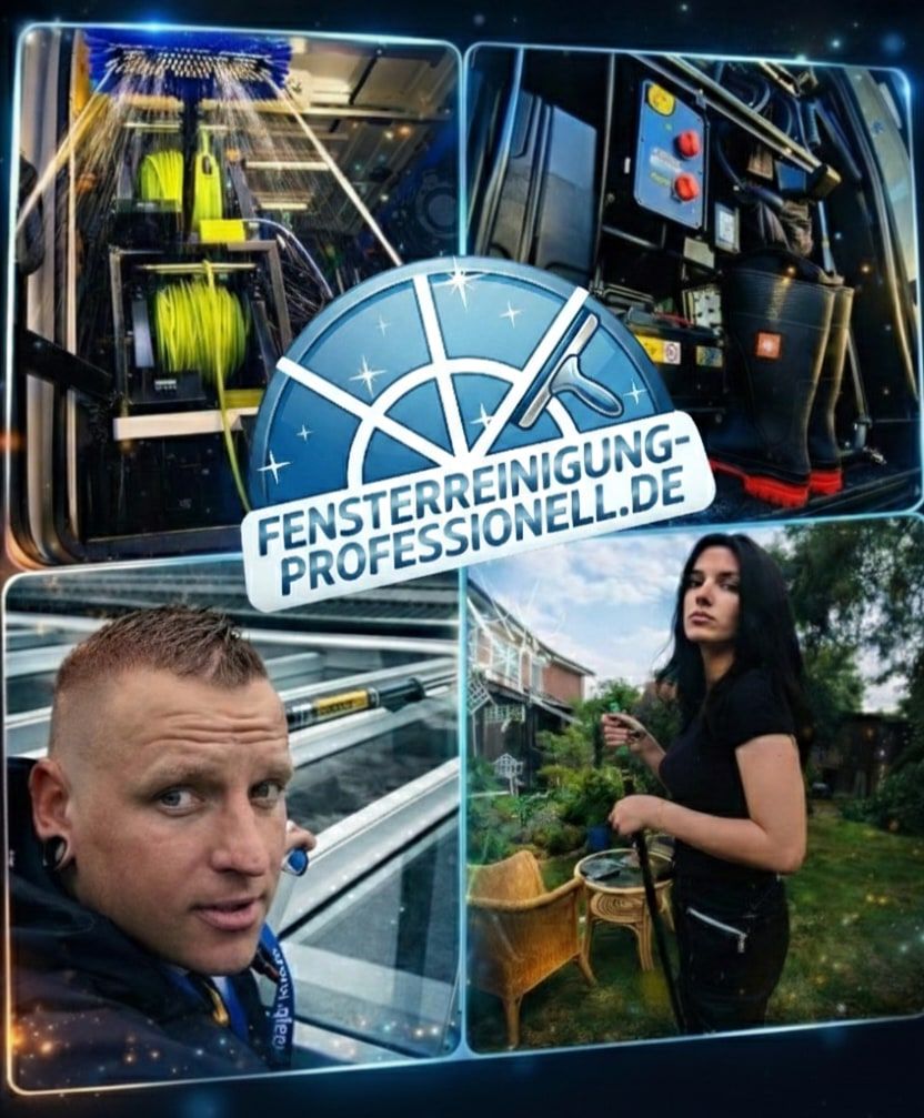 Bildcollage aus vier Arbeitsszenen: Fahrzeugausstattung mit Bürsten und Schlauchtrommeln, Bedienpanel mit Stiefeln, Benjamin O. Giese bei der Glasdachreinigung und Annabell mit Reinigungsstange im Garten