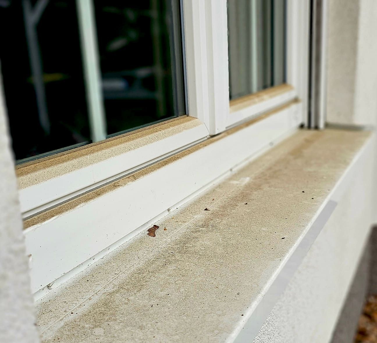 Weiße Aluminium-Fensterbank an einem Wohnhaus vor der Reinigung: auf der Bank und im Rahmenfalz liegt eine geschlossene sandbraune Staubschicht, in der Ecke ein vertrocknetes Blatt